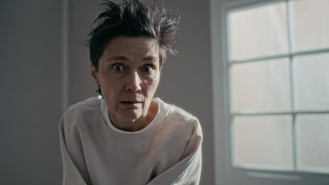 Waist up portrait of middle aged Caucasian woman wearing straitjacket looking at camera, transitioning from hysterical laughing to crying. Footage is ideal for mental health awareness campaigns