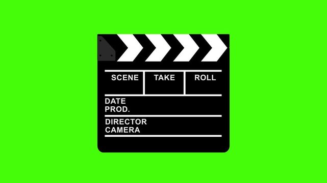Movie clapperboard film slate animation on chroma key green screen background for cinema production filmmaking and video editing motion graphics