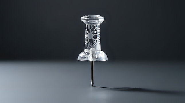 Conceptual clear thumb tacks pin with circuit board pattern etching on minimalist gray surface