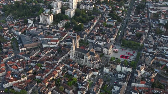 Aerial view beside the old town of the city Cholet, France on a sunny summer early morning.