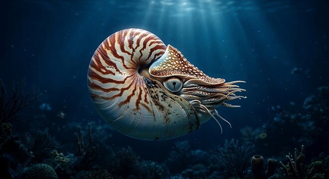 Chambered nautilus swimming in the deep blue ocean with sun rays