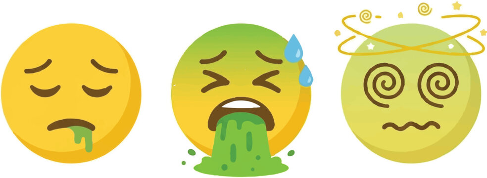 3D emoji set, sick and nauseous emoticons, vomiting yellow face icons, puke expression characters, illness and food poisoning concept, dizzy spiral eyes emoji, green liquid vomit splash, hangover 