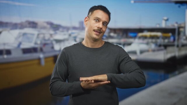 Young hispanic man with moustache making flat horizontal hand gesture in studio with printed marina backdrop, palms parallel one above other; playful curiosity.