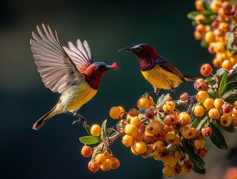Colorful Sunbirds Feeding on Berries with Flying Bird in Backlight