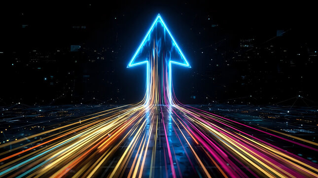 Bright neon arrow rising over high speed light trails representing market growth and performance