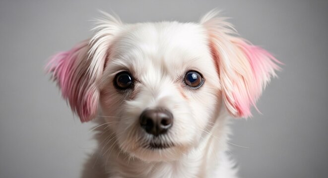 Adorable small white dog with pink-tinted ears looking directly at the camera against a neutral gray background perfect for pet care advertising and animal lovers