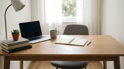 Fototapeta premium A clean and organized home office desk with a laptop, notebook, lamp, and chair, bathed in natural light from a window