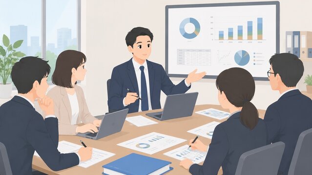 会議室のホワイトボードに映されたグラフを用いて売上や業績のプレゼンテーションを行うビジネスマンとメンバーのイラスト