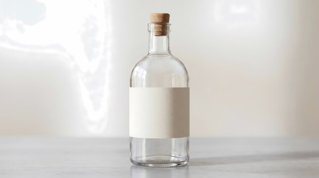 Clear Empty Glass Bottle with Blank Label and Cork Stopper for Beverage Branding Mockup
