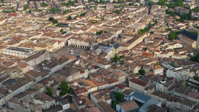 Aerial view beside the old town of the city Libourne, France on a sunny summer noon