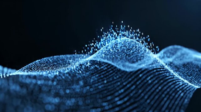 A flowing wave of blue digital particles with binary code raining down.