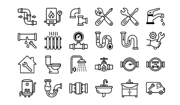 Plumbing icons set line art illustrations for repair installation and maintenance
