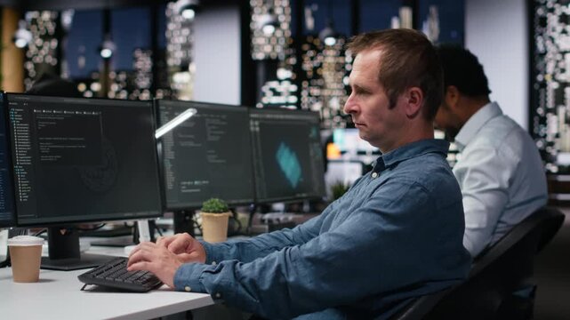 Tech agency computer scientist using AI to optimize software performance in office late at night. IT specialist at work using deep learning to analyze code and do debugging for debugging workflows.