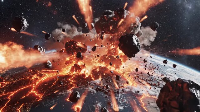 Catastrophic asteroid impact on Earth, unleashing fiery explosions and widespread destruction. Global disaster.