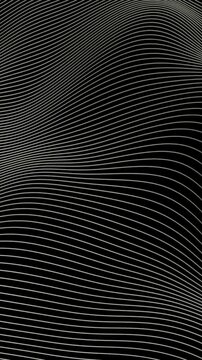 Abstract vertical background with flowing white parallel lines creating a 3D topographic wave pattern on black