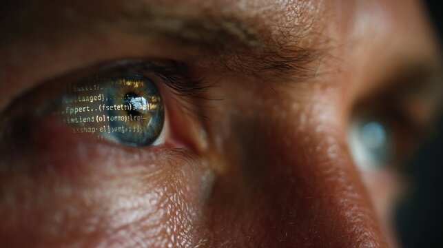 Developer deeply inspecting code. Closeup of programmer reviewing terminal output late at night. Coder intensely analyzing code reflections on screen during late night debugging session