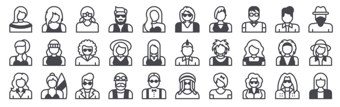 Pack of 30 linear Urban Tribes web icons such as swagger, mod, preppy, rocker, grunge. Editable vector stroke symbols