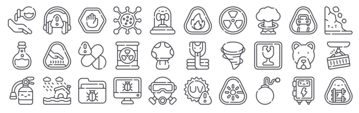 Pack of 30 linear Danger web icons such as corrosive, poison, fire extinguisher, high noise, hot surface. Editable vector stroke symbols
