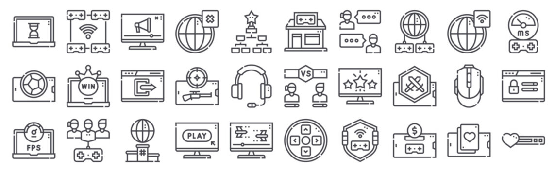 Pack of 30 linear Online Game web icons such as lag, sport, fps, online game, win. Editable vector stroke symbols