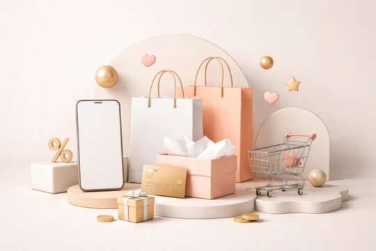 Concepto publicitario limpio con elementos abstractos de compra y composici&oacute;n de fondo neutra