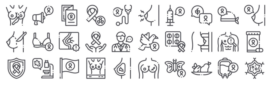 Pack of 30 linear Breast Cancer Awareness web icons such as surgery, surgery, insurance, megaphone, bra. Editable vector stroke symbols