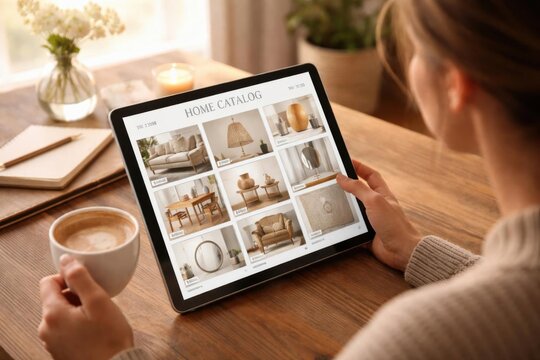 Cliente consultando el cat&aacute;logo digital en una tableta mientras toma caf&eacute; en casa