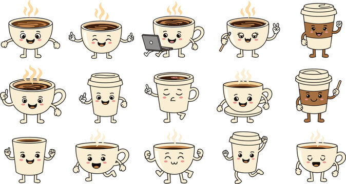 Cute Coffee Cup Mascot Character Collection with Funny Cartoon Beverage Expressions