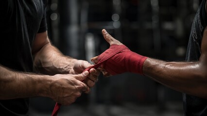 Obraz premium Two pairs of hands are shown in close-up as one person helps another prepare for combat sports by applying a protective red wrap in a high-contrast lighting setting