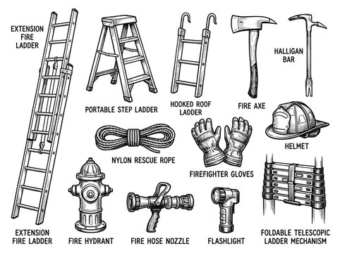 Fire rescue equipment set including extension ladder, axe, helmet and hydrant, hand drawn black ink sketch isolated on white background