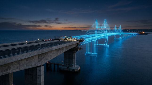 Concrete bridge extending into a glowing blue wireframe over a sea, representing digital twin technology and future infrastructure planning.