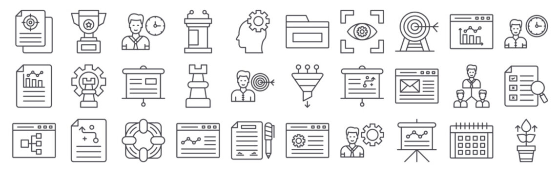 Pack of 30 linear Strategy and Management web icons such as objective, bar chart, flow chart, trophy, strategy. Editable vector stroke symbols