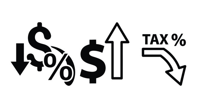 Tax reduction icon with dollar sign and downward arrow on white background