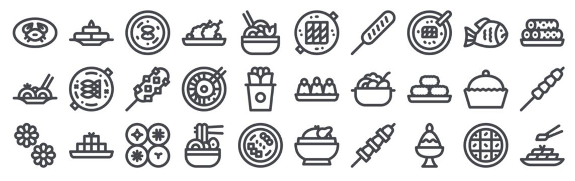 Pack of 30 linear Korean Food web icons such as soy sauce, japchae, yakgwa, hotteok, chueo tang. Editable vector stroke symbols