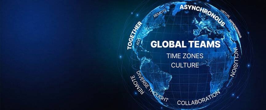 Global teams concept on digital earth globe representing international collaboration, time zones, culture and remote workforce management copy space