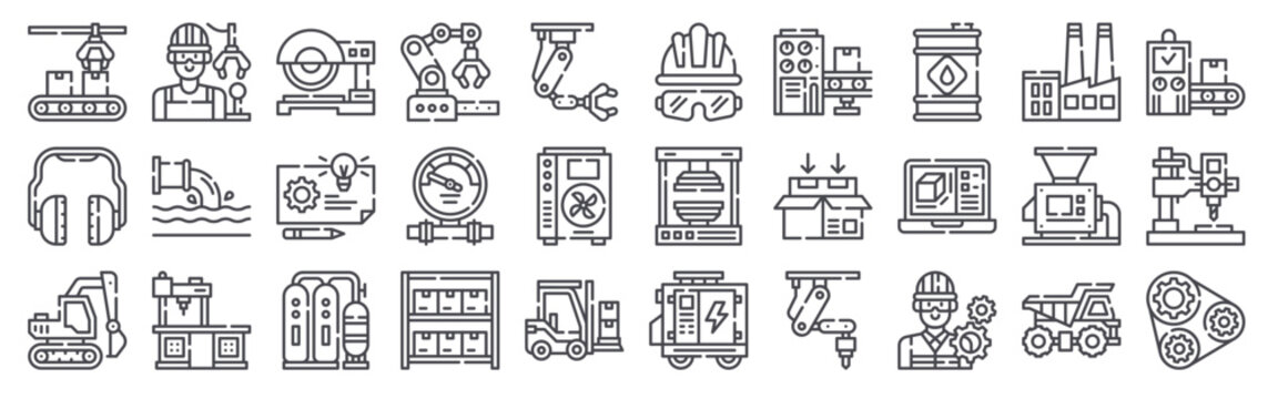 Pack of 30 linear Industrial Process web icons such as assembly, headphone, excavator, operator, waste water. Editable vector stroke symbols