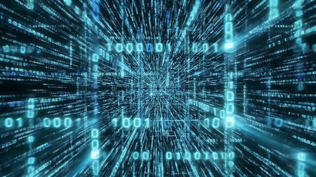 A digital tunnel of glowing binary code streams into infinity.