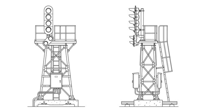 Railway Semaphore Signal Tower: Detailed blueprint illustration of a historical railway semaphore signal tower, showcasing its intricate mechanical structure and signaling mechanism.