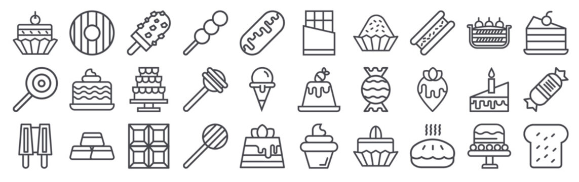 Pack of 30 linear Sweet Food web icons such as cake, lollipop, ice cream, donut, cake. Editable vector stroke symbols