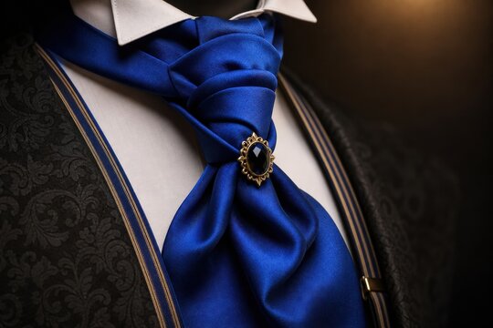 Royal blue silk cravat with decorative pin on a formal men's suit featuring a patterned waistcoat and white shirt for elegant wedding or gala fashion