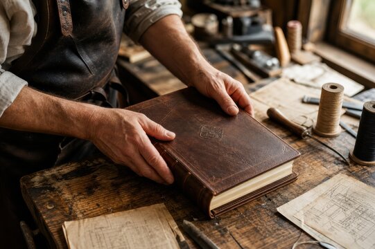 Craftsman hands holding a leather bound book on a rustic wooden workbench in a traditional workshop with various bookbinding tools, thread, and vintage sketches