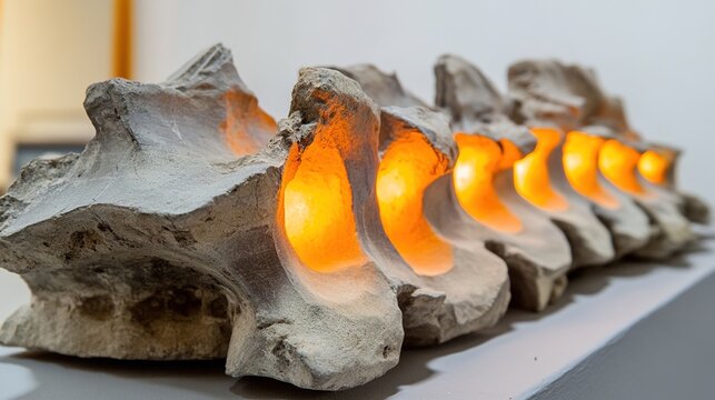 foremost. A sculptural representation of a human spine made of cracked stone with five points of intense pressure glowing warmly. wellbeing guides.