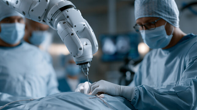 Soft silicone robotic arm gently manipulating tissue during a minimally invasive abdominal procedure in a sterile operating theater, surgical team monitoring endoscopic feed,