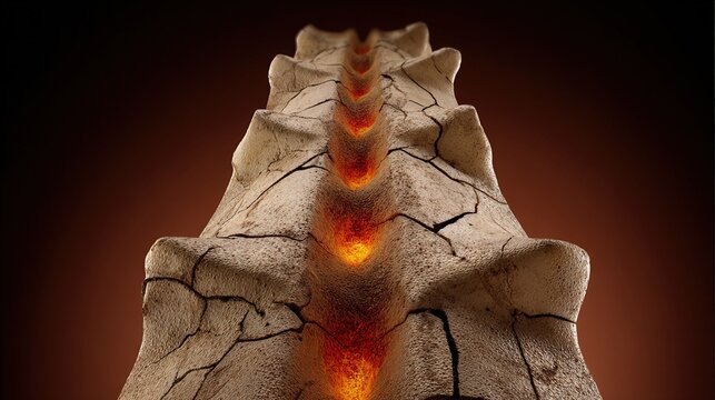 foremost. A sculptural representation of a human spine made of cracked stone with five points of intense pressure glowing warmly. wellbeing guides.