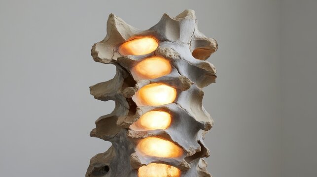 foremost. A sculptural representation of a human spine made of cracked stone with five points of intense pressure glowing warmly. wellbeing guides.