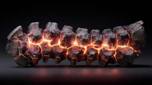 foremost. A sculptural representation of a human spine made of cracked stone with five points of intense pressure glowing warmly. wellbeing guides.
