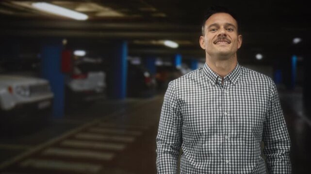 Man with moustache smiling and standing in a parking garage building wearing checkered shirt; quiet confidence.