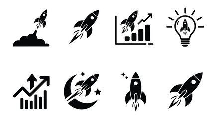 Fototapeta premium Rocket Icon Set Featuring Startup Launch, Business Growth Charts, and Innovation Lightbulb Symbols