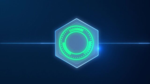 Futuristic HUD Interface Loop with Glowing Green Radar UI Element inside Blue Hexagon Frame animation 4k.