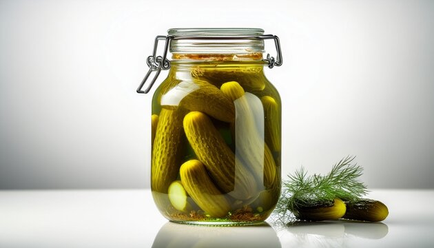 A Glass Jar Filled With Dill Pickles In Brine On A White Background Gherkins