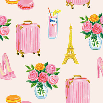 Paris seamless pattern with flowers, suitcase, fancy shoes etc.